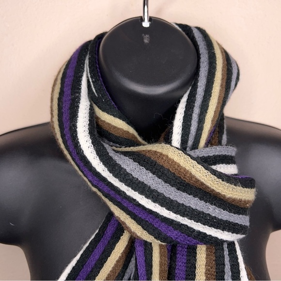 Striped Scarf With Fringe Accent Knit Womens Brown Ton Black Purple - Picture 8 of 13